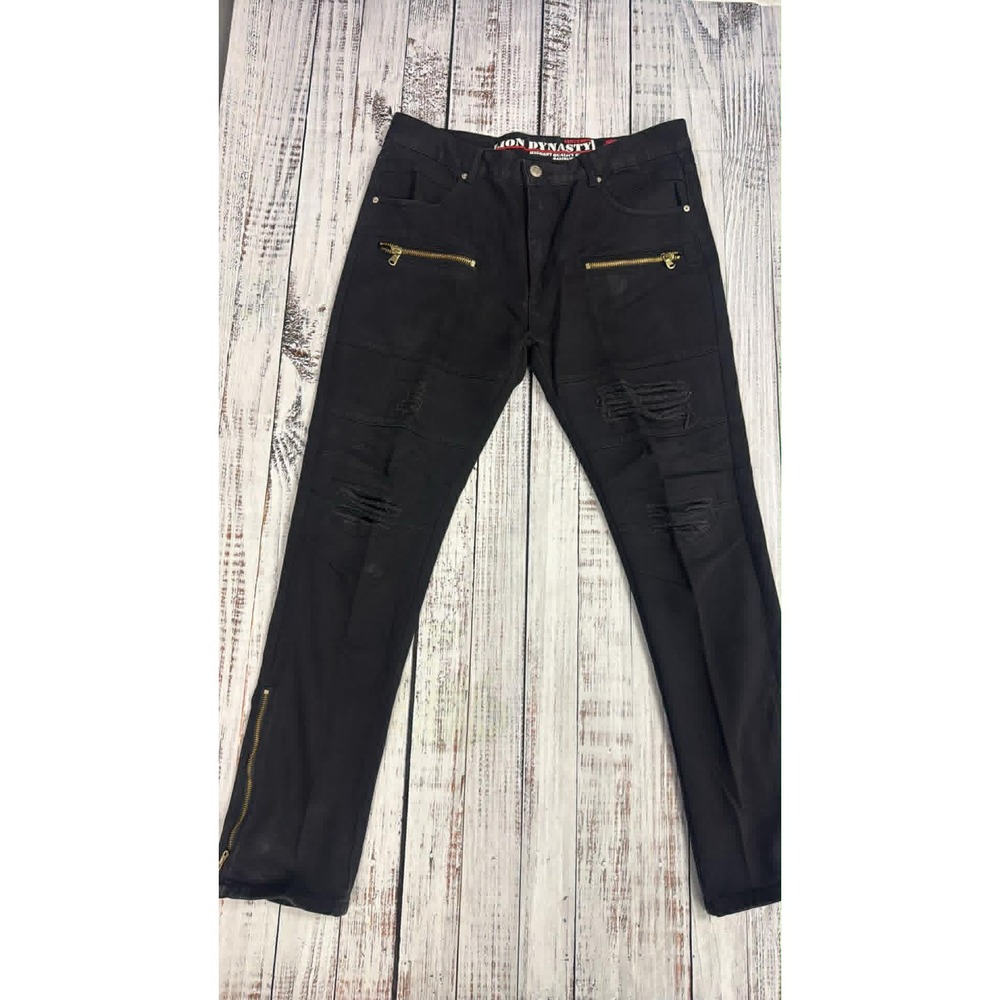 Lion Dynasty Mens Black Distressed‎ Slim Moto Jeans Gold Zippers Ankle Zip 36